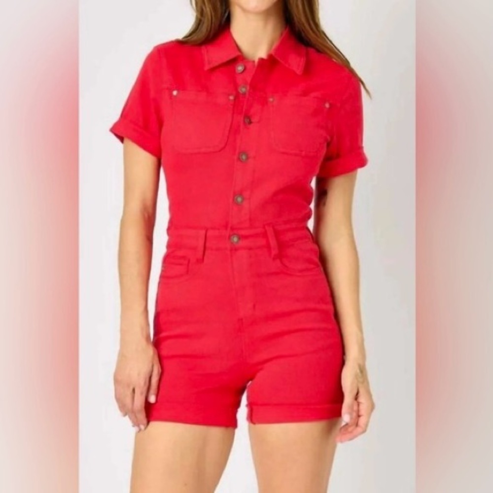 Judy Blue Always Adventuring Romper Red Size L, LIKE NEW